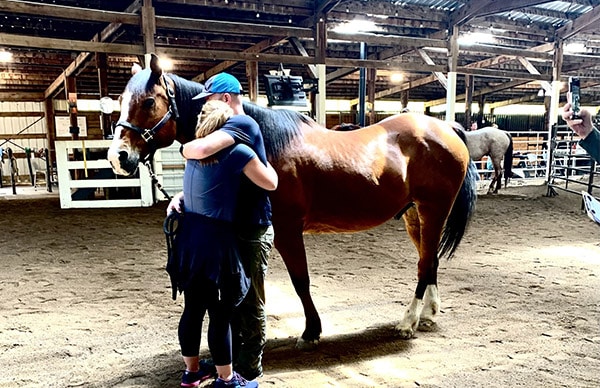 Two people hugging, standing next to a horse